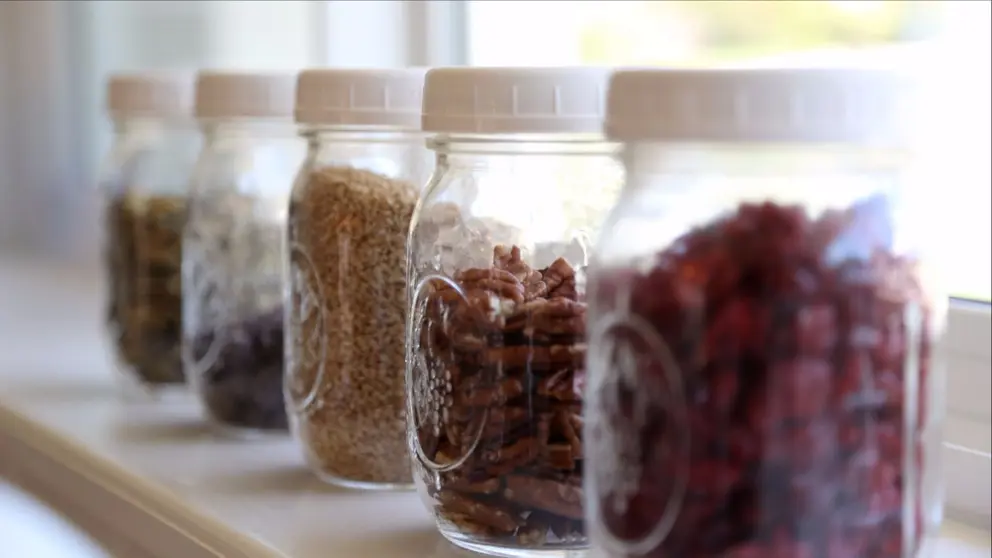 Pantry staples in glass mason jars