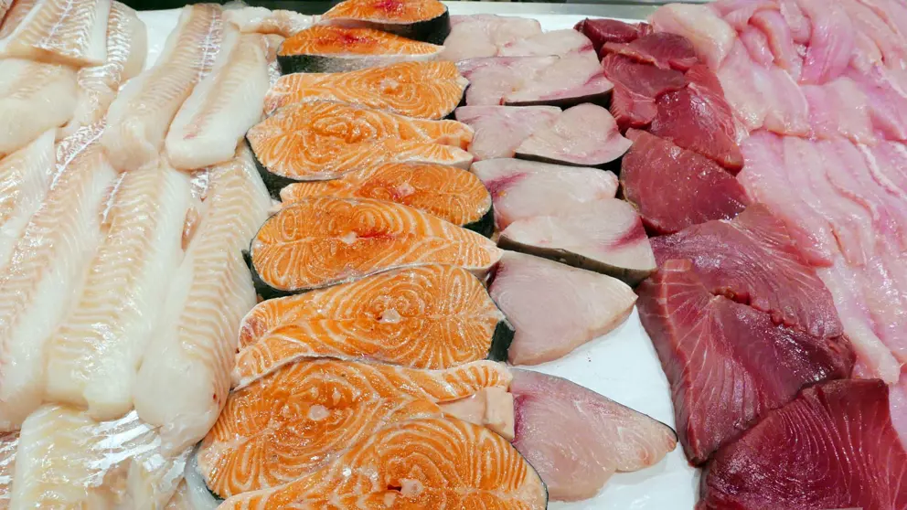 Fresh salmon fillets on a table