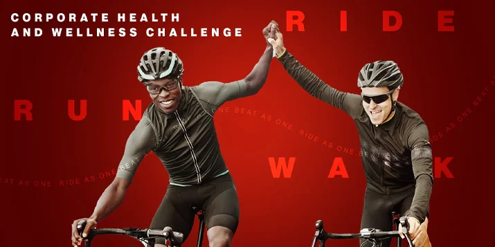 Heart & Stroke Ride for Heart banner showing two bike riders holding hands with the text ‘Corporate health and wellness challenge’ and ‘Ride, run, walk’ in the background.