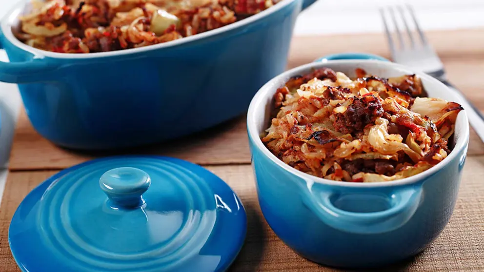 Cabbage casserole in blue ceramic pot